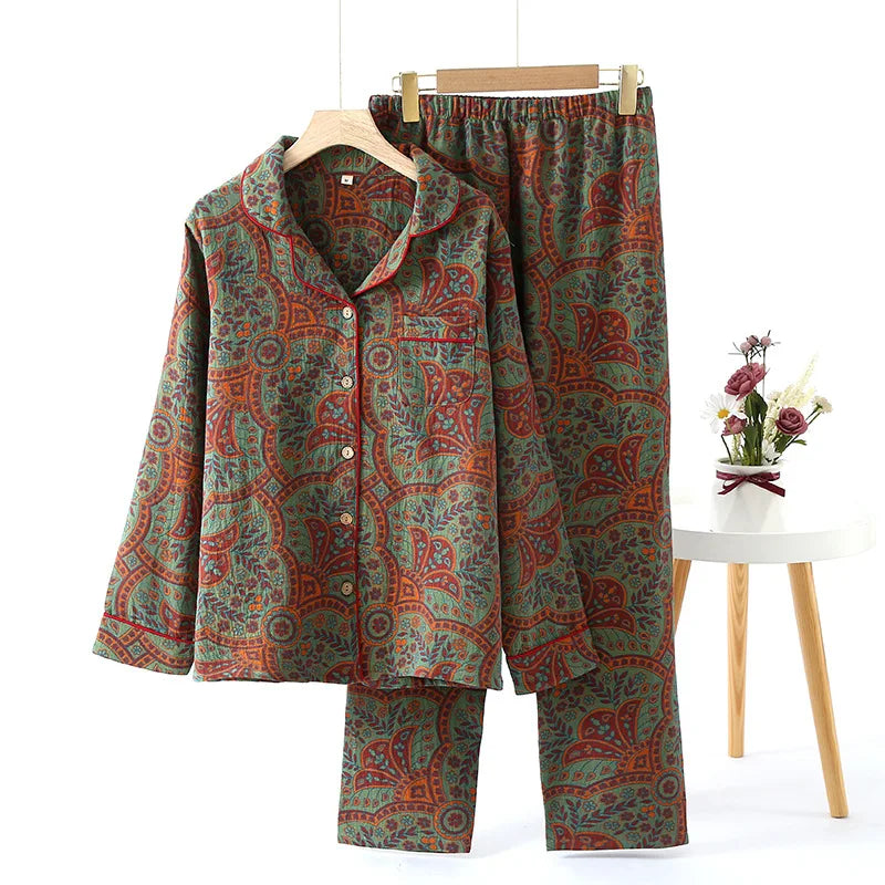Ethnic Style Print Pajamas For Women 2 Pieces Outfit Loungewear Night Clothes Autumn Long Sleeve Sleepwear Women's Cotton