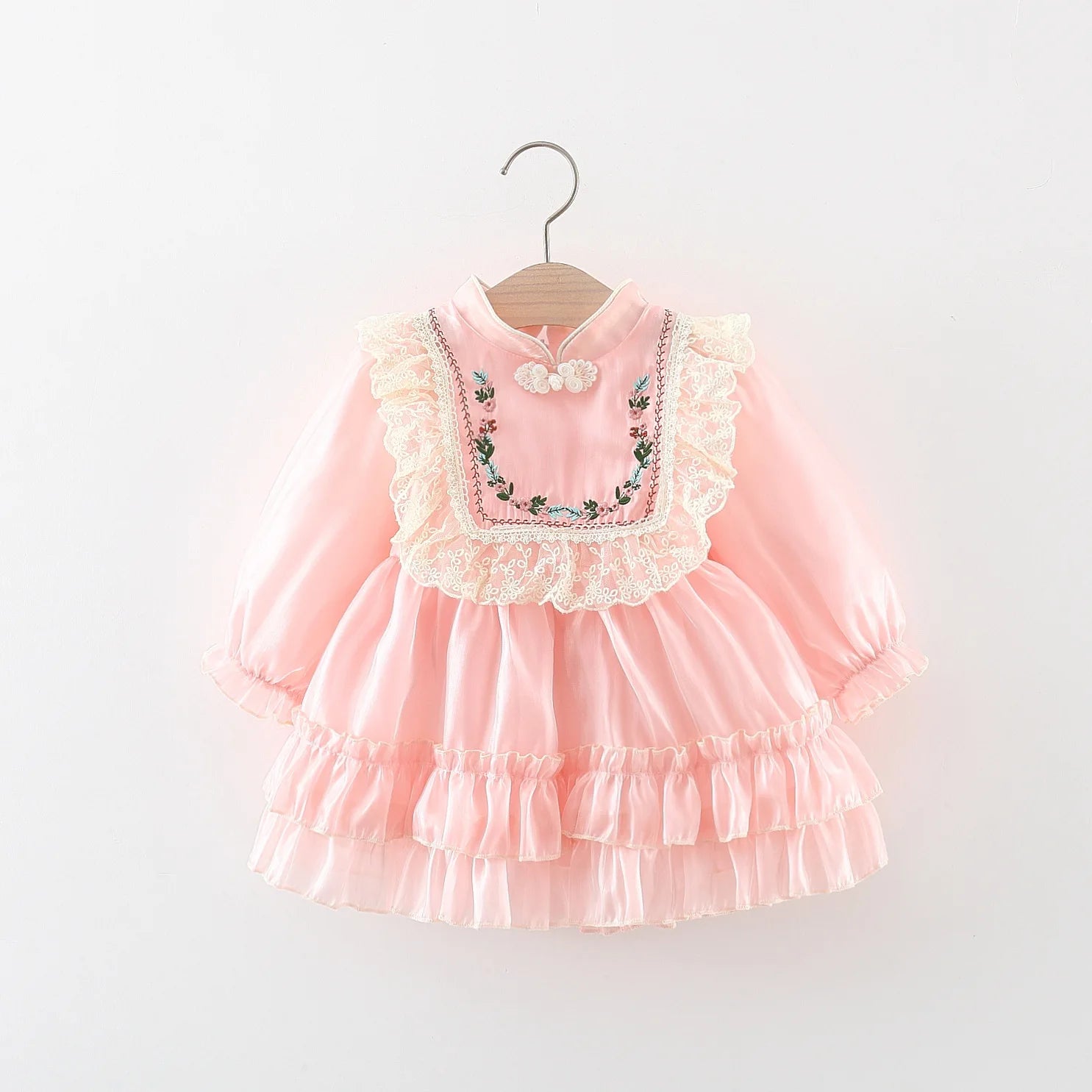 Girls' Autumn Long sleeved Lace Lace Princess Dress with Embroidered Pan Button Chinese Style Baby Dress