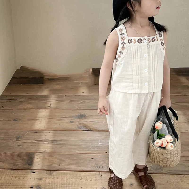 Humor Bear Summer Girls Clothes Set  Sleeveless Embroidery Vest+Wide Leg Pant 2Pcs Toddler Korean Style Kids Clothes