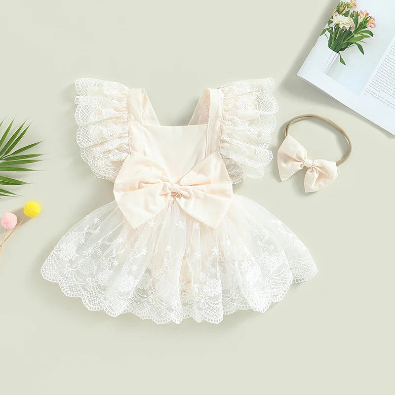 Newborn Infant Baby Girls Princess Romper Dress Lace Flower Fly Sleeve Bowknot Triangle-Bottom Jumpsuit with Headband