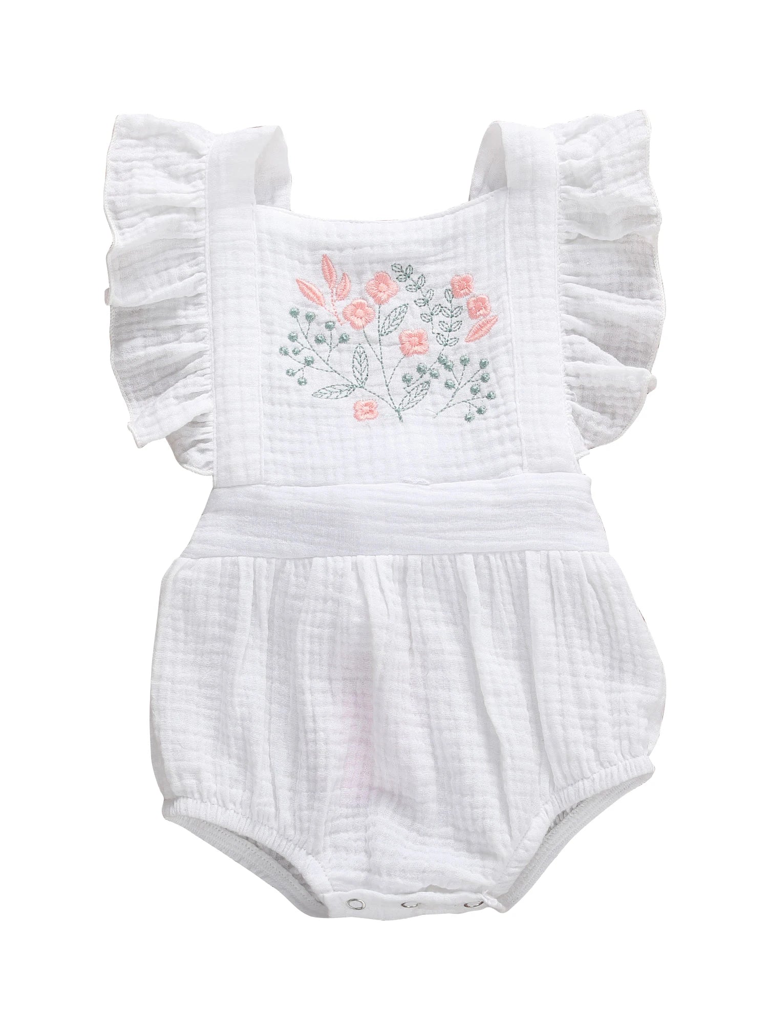 2020 Baby Summer Clothing 0-18M Newborn Baby Girl Jumpsuit Cotton Linen Short Ruffle Sleeve Sunsuit Embroidery Flowers Bodysuit