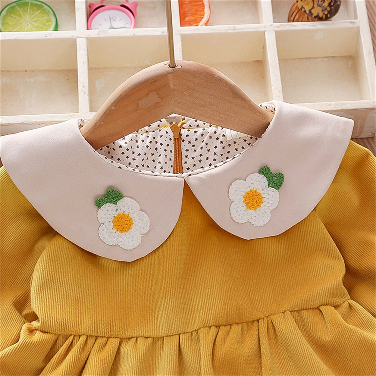 Spring And Autumn Baby Girl'S Daily Dress With Hu Duo Embroidered Doll Collar Color Block Long Sleeves Sweet And Simple Korean