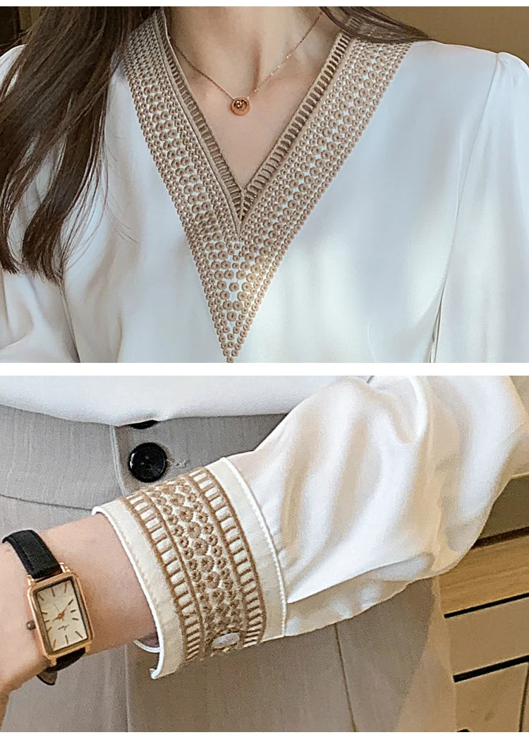 Long Sleeve White Blouse Tops Blouse Women Blusas Mujer De Moda 2023 Embroidery V-Neck Chiffon Blouse Shirt Women Blouses E226