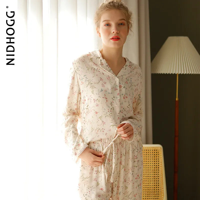 Pre-sale 2021 Spring Satin Pajamas Long Sleeve Viscose Sleepwear Willow Leaf Print Lounge Wear Two Piece Pijama Set Pijama Mujer