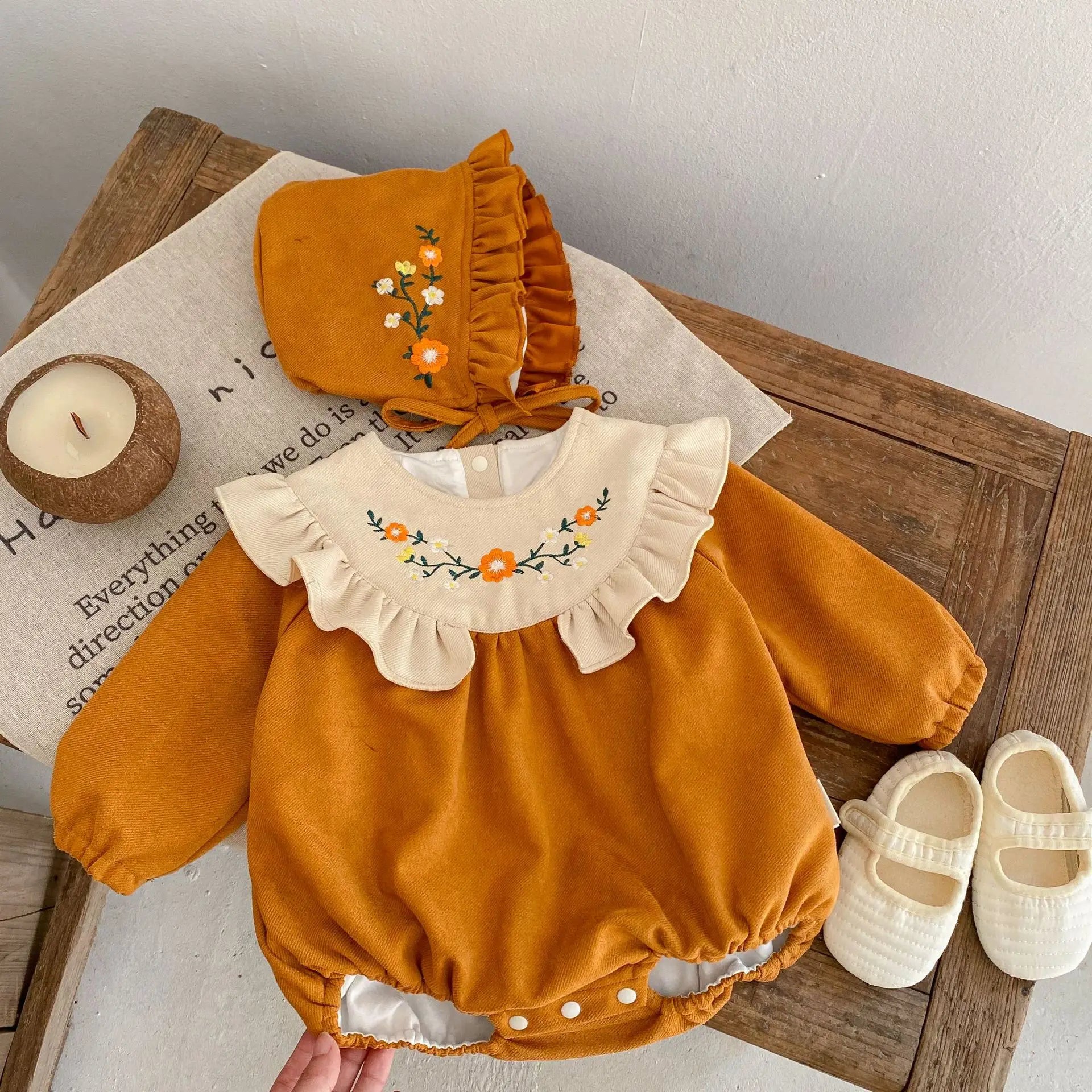 Korean Version of The Baby Triangle Romper Female Baby Embroidered Flower Lotus Leaf Jumpsuit Cotton Long-sleeved Bag Fart
