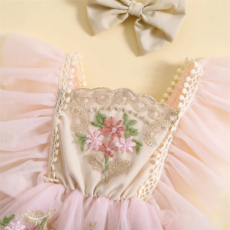 Toddler Baby Girl Fly Sleeve Romper Summer Embroidery Flower Bodysuits with Bowknot Hairband Clothes Kids 2pcs Clothing Suit