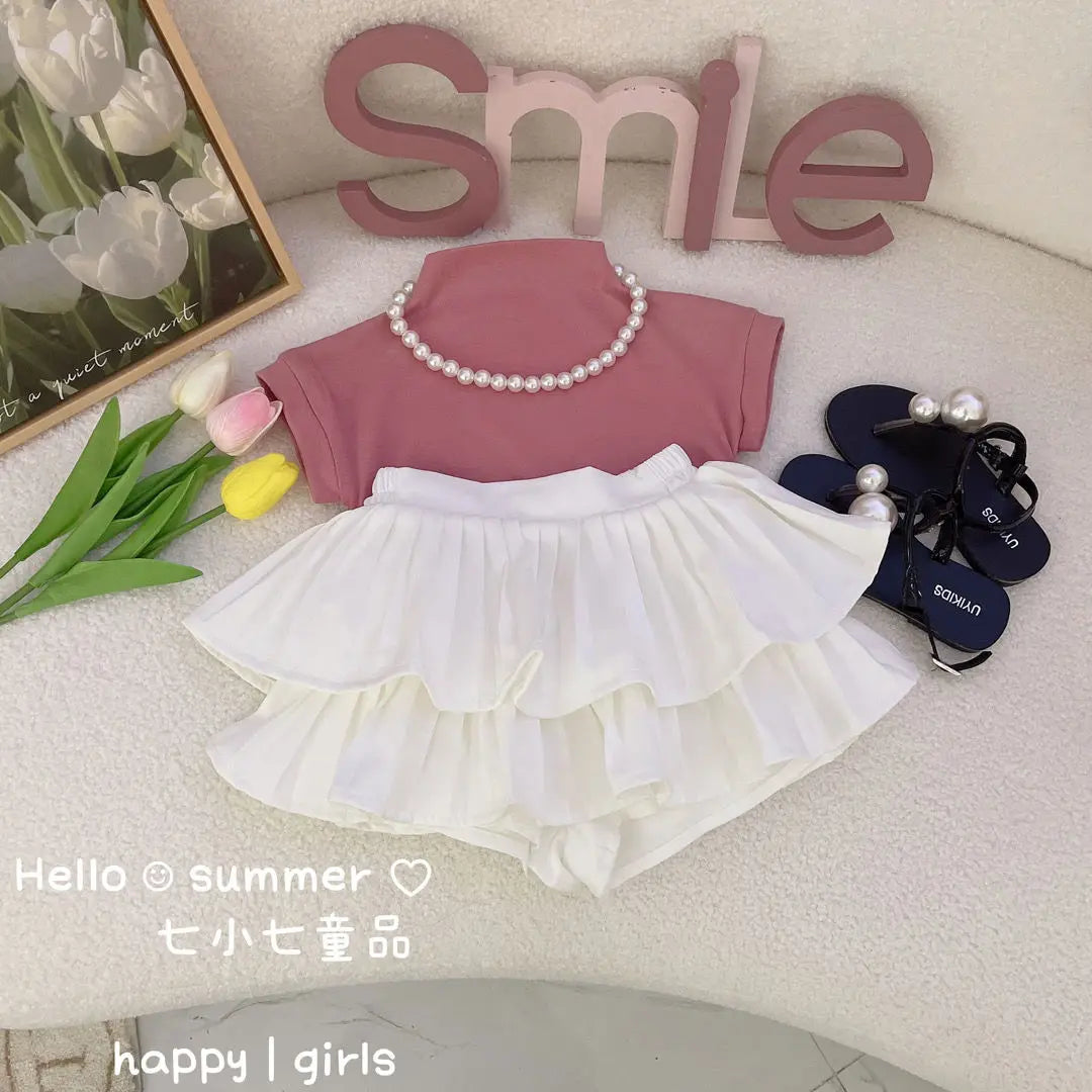 2023 Korean Girls Baby Summer Clothing Set Tees T-shirt+pleated Shorts Shirts,elegant Girl Kids Princess Suit Children Clothes