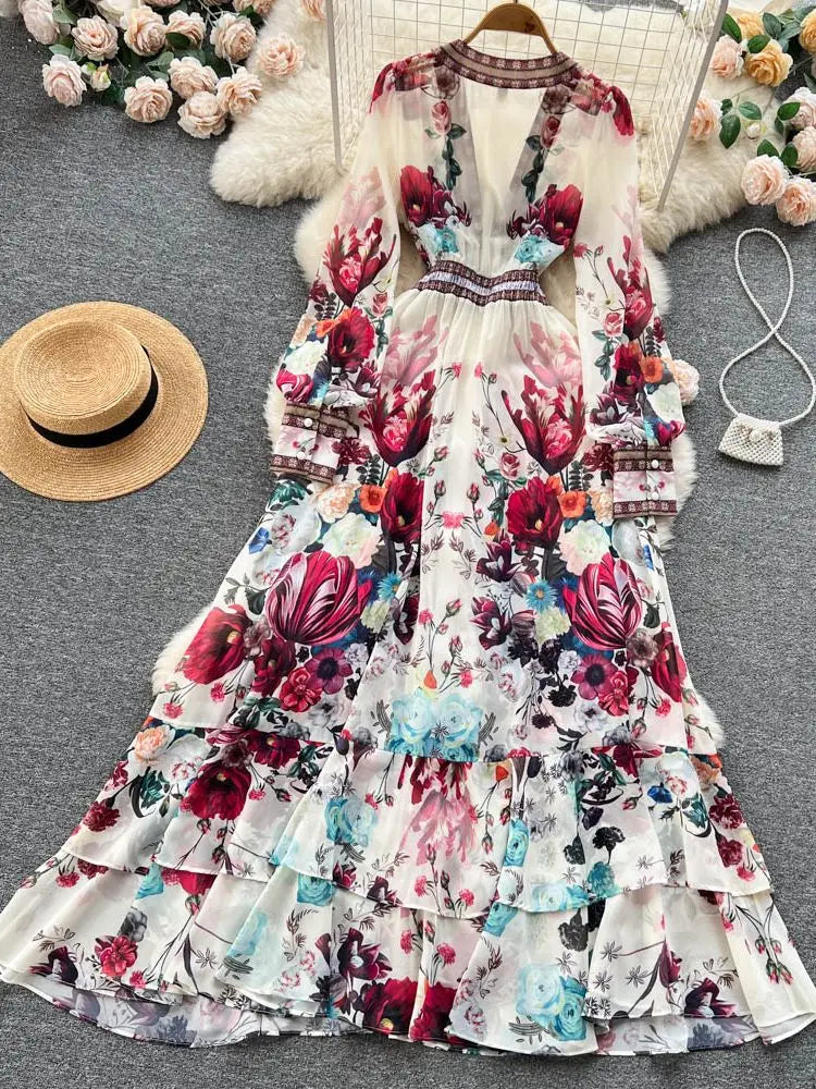 2023 Fashion Runway Gorgeous Flower Chiffon Cascading Ruffles Dress Women Deep V Neck Long Sleeve Floral Print Boho Robe Vestido