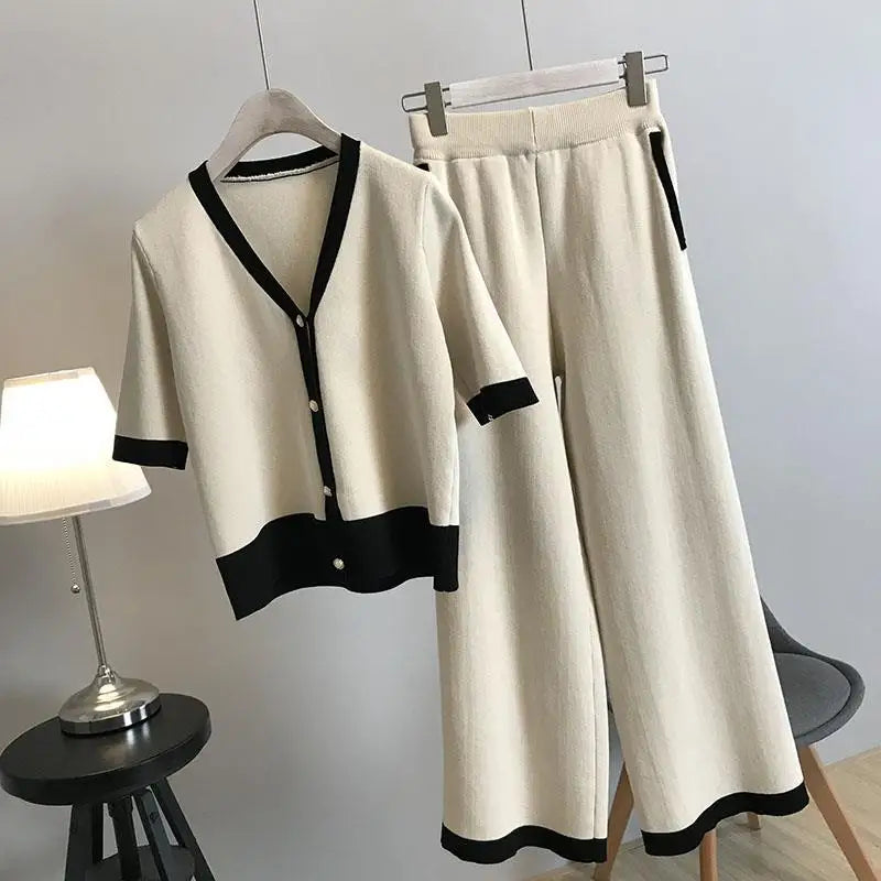 Knitted Two Piece Set for Women Cardigan+ Wide Leg Pant Sets Short Sleeve Korean Outfit Tracksuit 2023 Patchwork Autumn Suit New