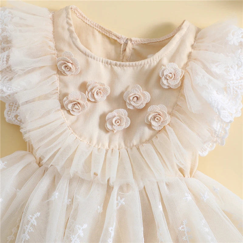 Summer Newborn Infant Baby Clothes Baby Girls Romper Fly Sleeve Crew Neck Flower Lace Tulle Patchwork A-line Dress