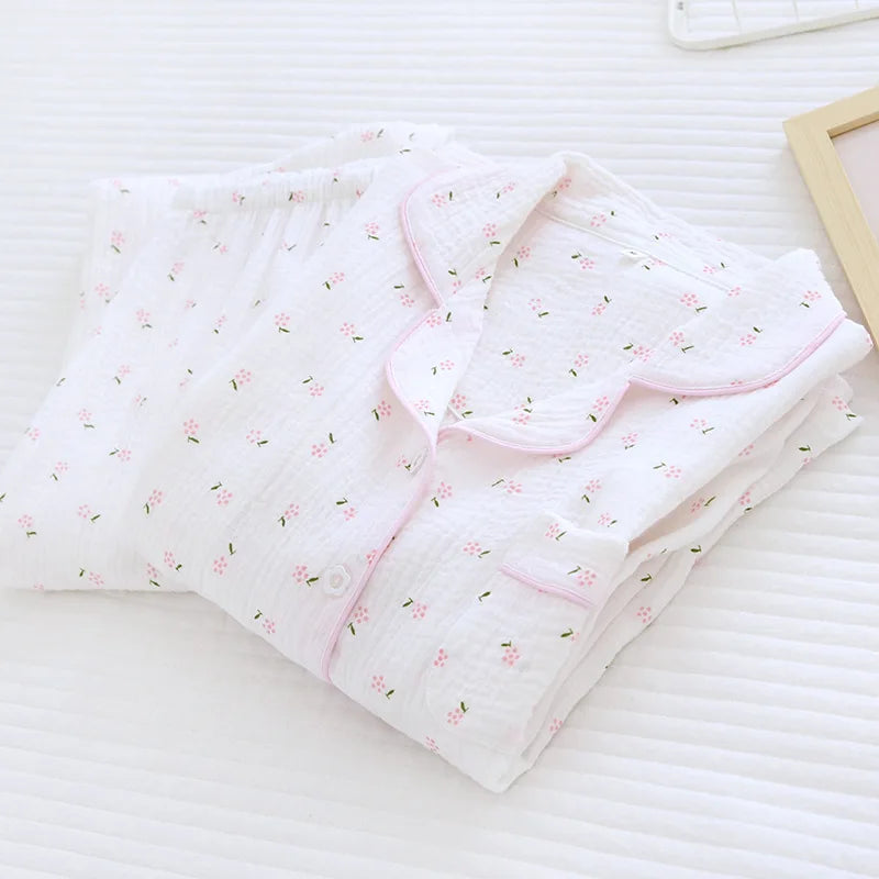 Fdfklak Spring And Fall Full Sleeve Homewear Loose 2Pcs Pajama Set 100% Gauze Cotton Casual Print Sleeping Shirt Home Wear