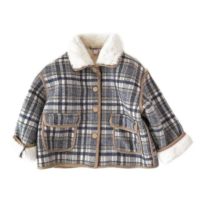 Autumn Winter Fashion Vintage Harajuku Girls Coat Kawaii Tops All Match Sweet Kids Jacket Plaid Plus Velvet Children's Clothes