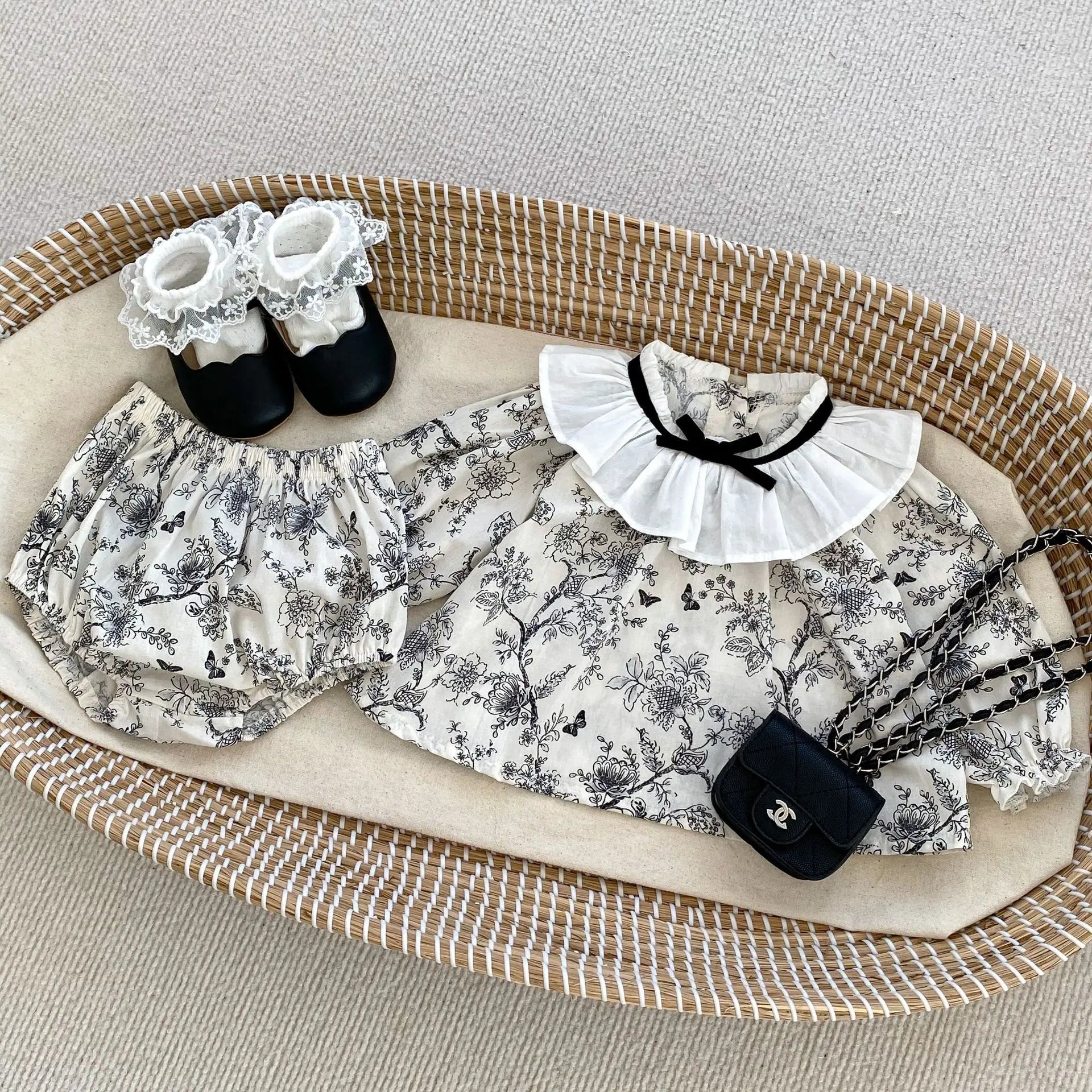 7201 Baby Girl's Suit 2023 New Autumn Fashion Lace Bow Baby Girl's Suit Long Sleeve Shirt+Short Princess Two-piece Suit