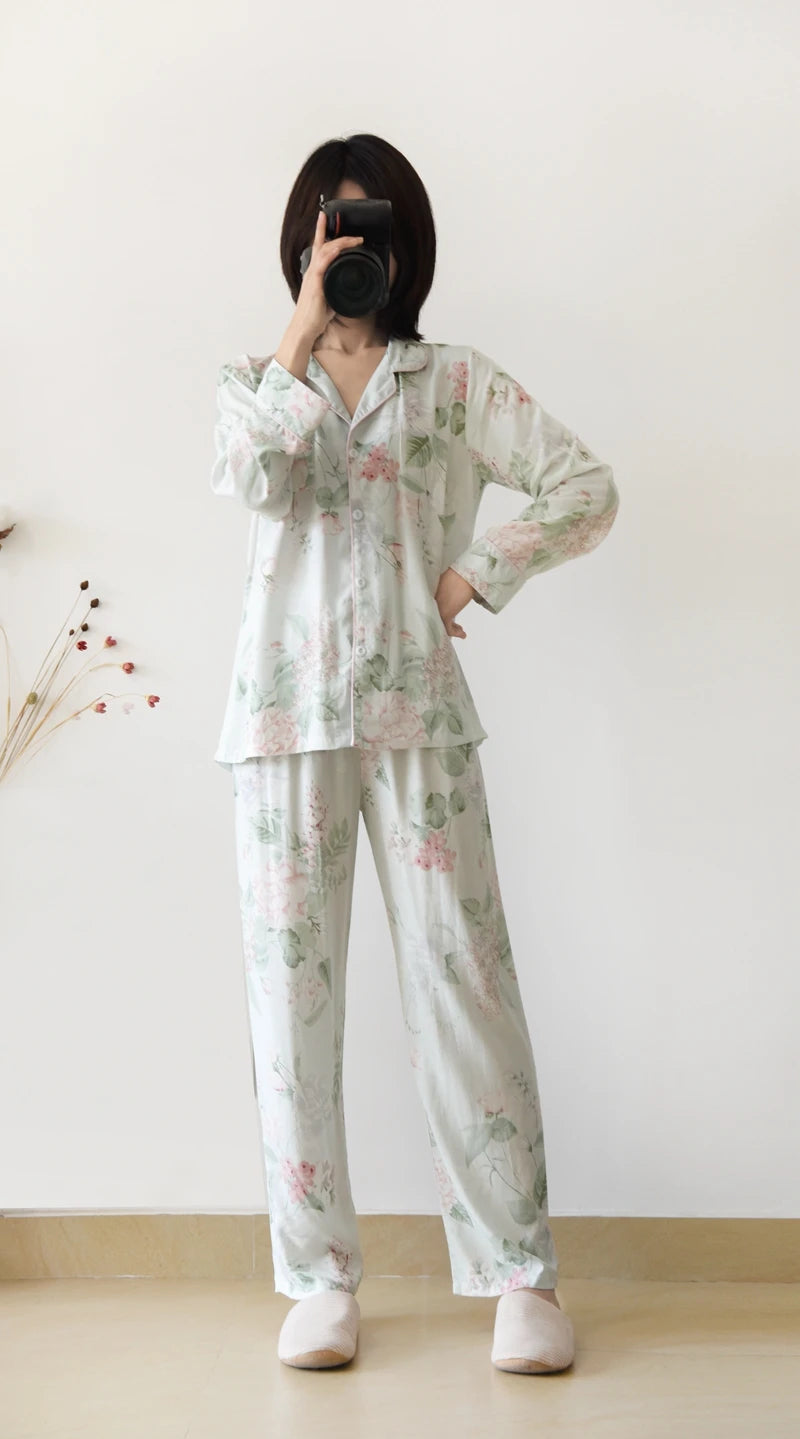 Japanese style new spring and summer women's pajamas Viscose fiber silk long-sleeved trousers suit flower printing home service