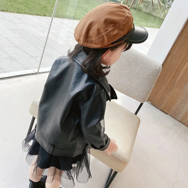 2023 Baby Girls Faux Leather Jacket Zipper Fly Coat For Girls Solid Color Childrens' Jacket Spring Autumn Kids Clothes Girl