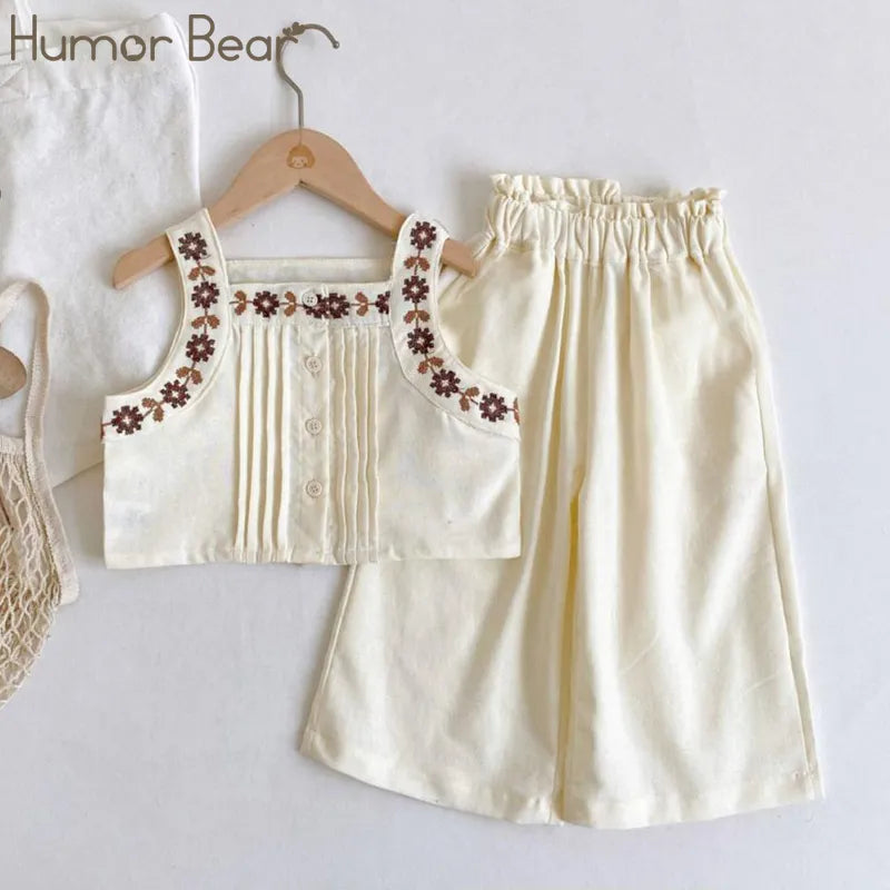 Humor Bear Summer Girls Clothes Set  Sleeveless Embroidery Vest+Wide Leg Pant 2Pcs Toddler Korean Style Kids Clothes