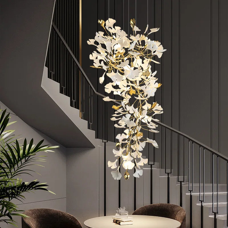 Ginkgo leaf stairwell long chandelier atmospheric light luxury villa duplex building loft hotel lobby creative art lamps