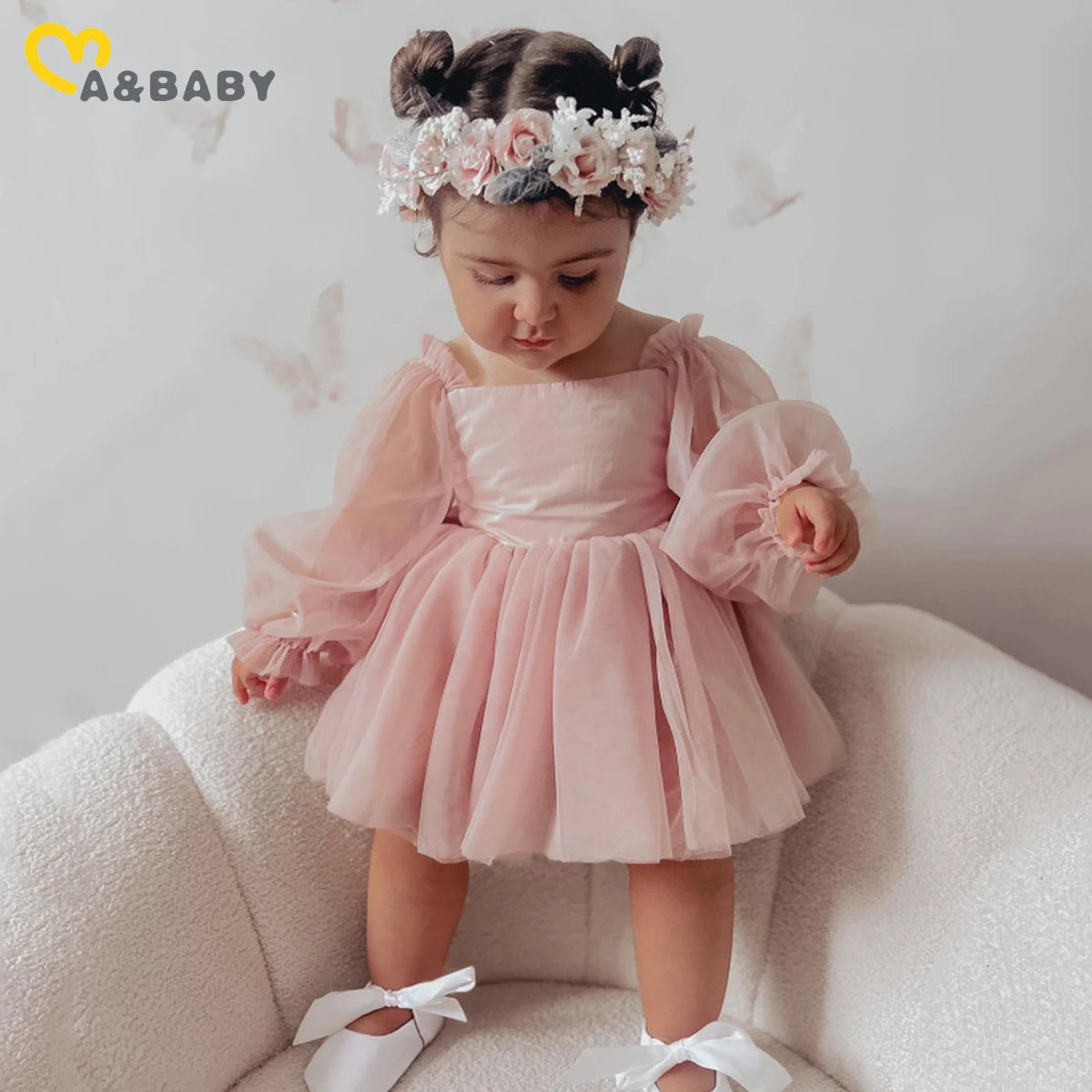 ma&baby 0-24M Newborn Baby Girl Romper Princess Infant Toddler Long Sleeve Tulle Jumpsuit + Bow Headband Fall Spring Outfits