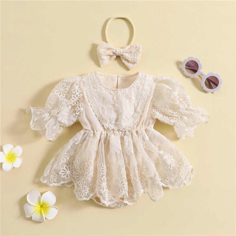 Infant Baby Girls Floral Embroidery Romper Dress Princess Sweet Baby Lace Short Sleeve Jumpsuit Summer Rompers and Headband
