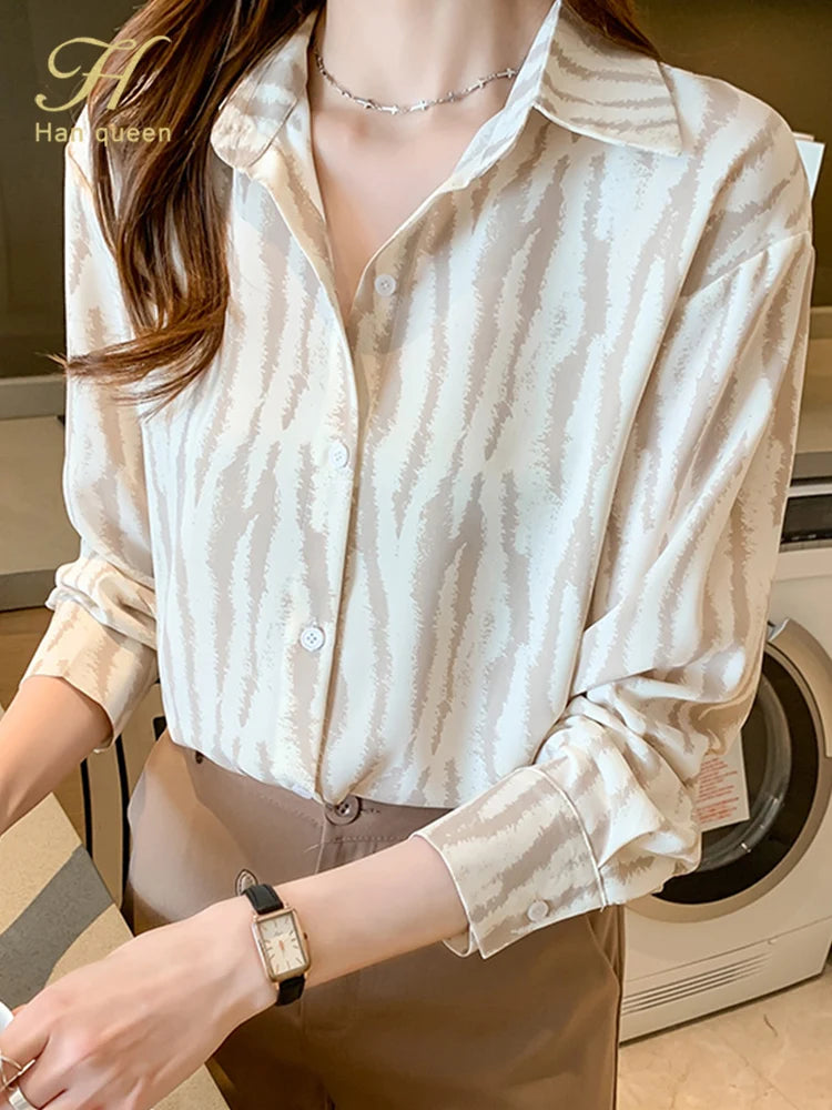 H Han Queen Women Tops Spring Autumn Turn-Down Collar Blouses Korean Elegant Office Shirt Long Sleeve Chiffon Blouse Simple 2022
