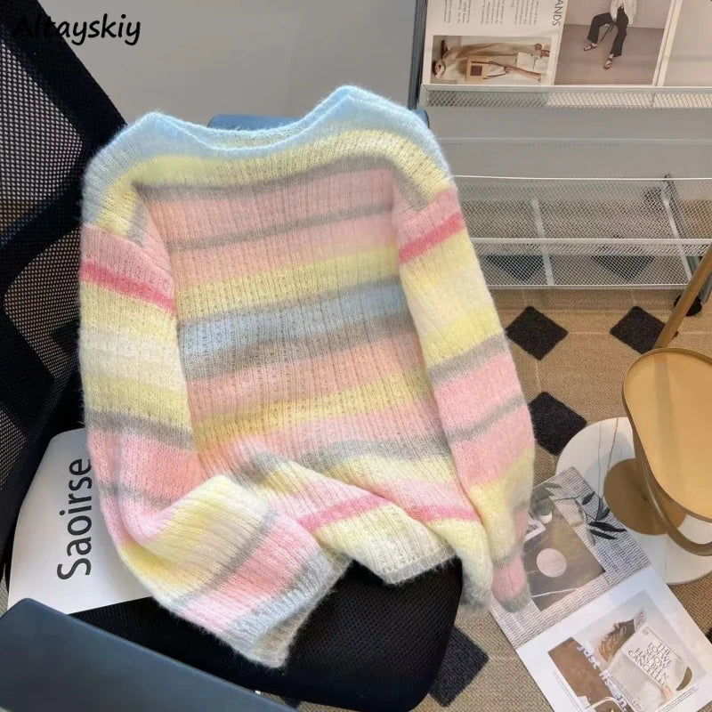 Pullovers Women Striped Sweet Knitted Tender Loose Lazy Korean Style Spring Cozy New All-match Students Long-sleeve Chic Casual