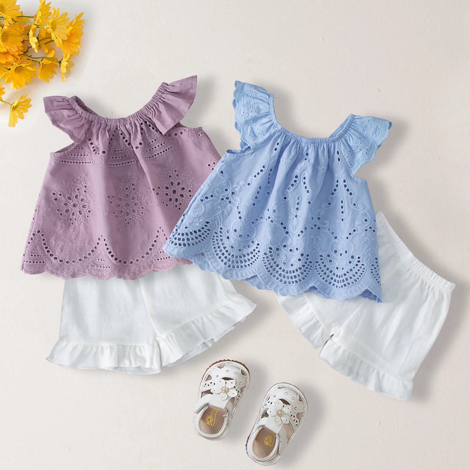Toddler Girls Clothes Sets 2023 Fashion Summer Solid Color Ruched Tops+Shorts 2 Piece Outfits Set Kids Girls Clothes 0-2 Years