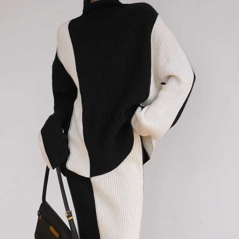 Black And White Color Contrast Two-Piece Set For Women In Autumn And Winter 2023, With A Lazy Style High Neck Knitted Sweater An
